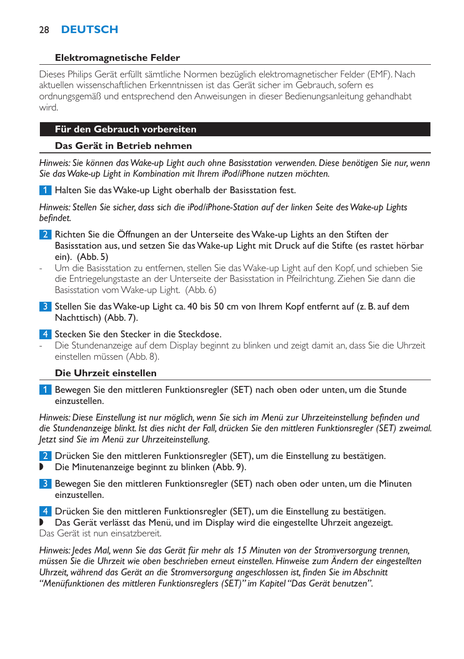 Elektromagnetische felder, Für den gebrauch vorbereiten, Das gerät in betrieb nehmen | Die uhrzeit einstellen | Philips Éveil Lumière User Manual | Page 28 / 124