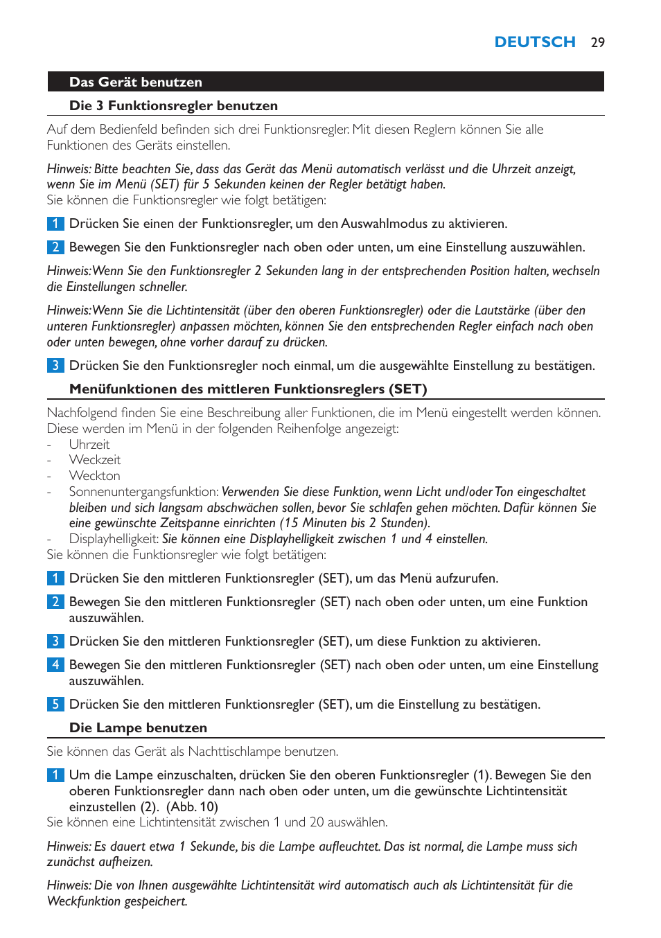 Das gerät benutzen, Die 3 funktionsregler benutzen, Die lampe benutzen | Philips Éveil Lumière User Manual | Page 29 / 124