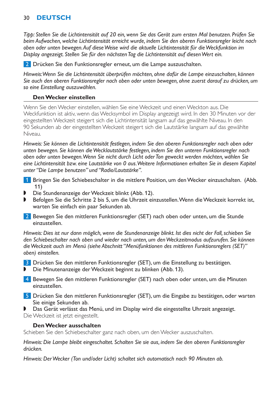 Den wecker einstellen, Den wecker ausschalten | Philips Éveil Lumière User Manual | Page 30 / 124