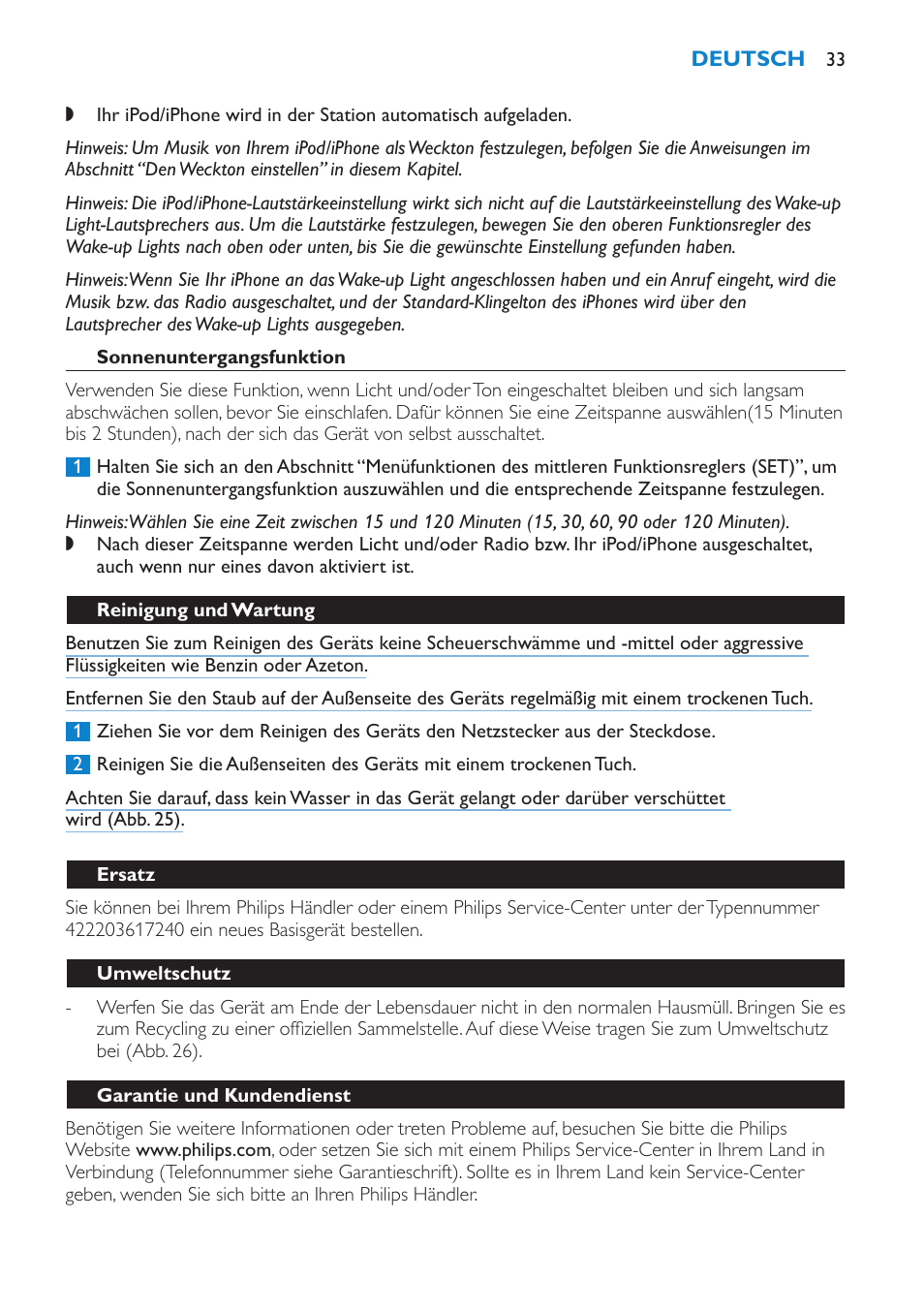 Sonnenuntergangsfunktion, Reinigung und wartung, Ersatz | Umweltschutz, Garantie und kundendienst | Philips Éveil Lumière User Manual | Page 33 / 124