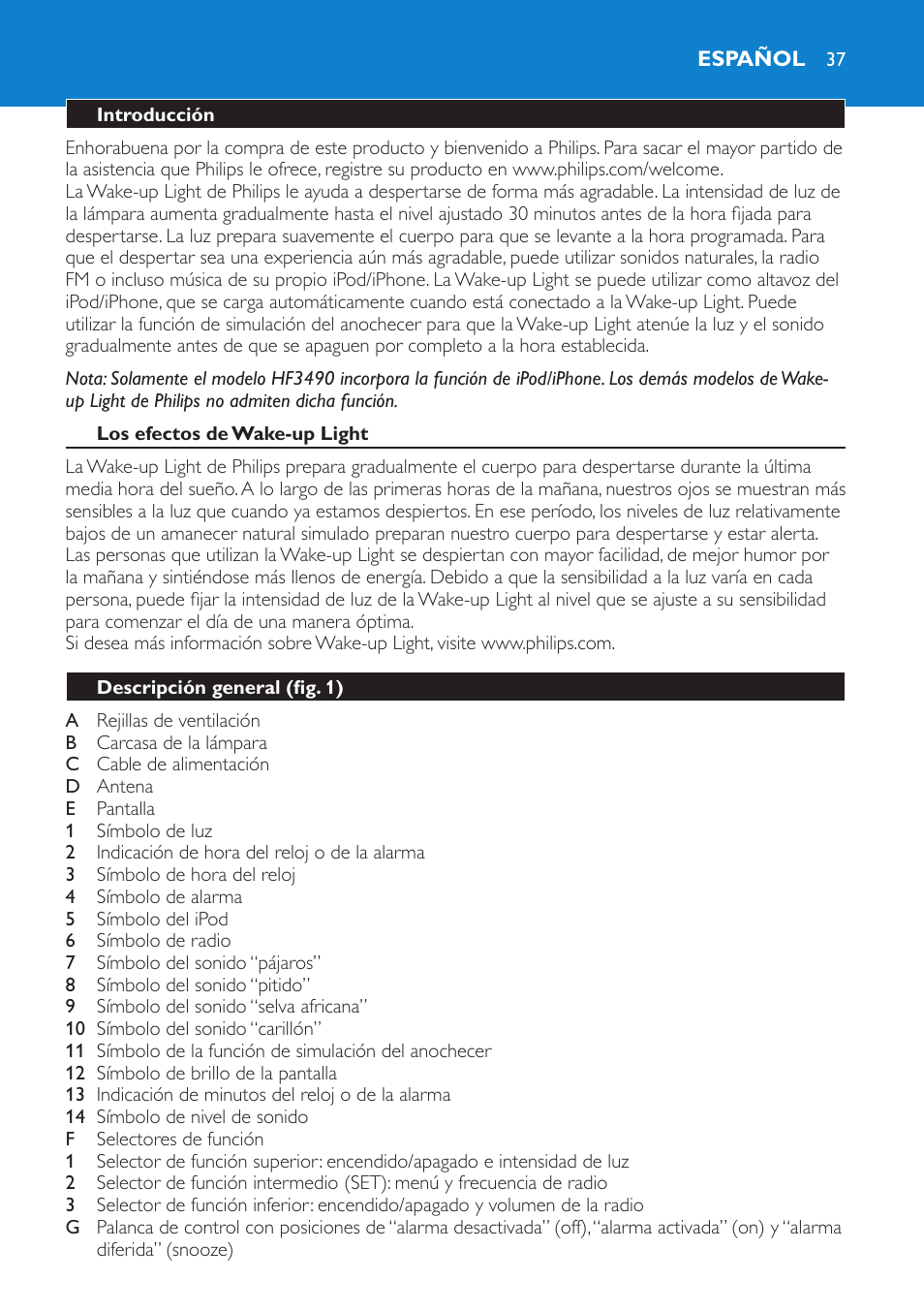 Español, Introducción, Los efectos de wake-up light | Descripción general (fig. 1) | Philips Éveil Lumière User Manual | Page 37 / 124