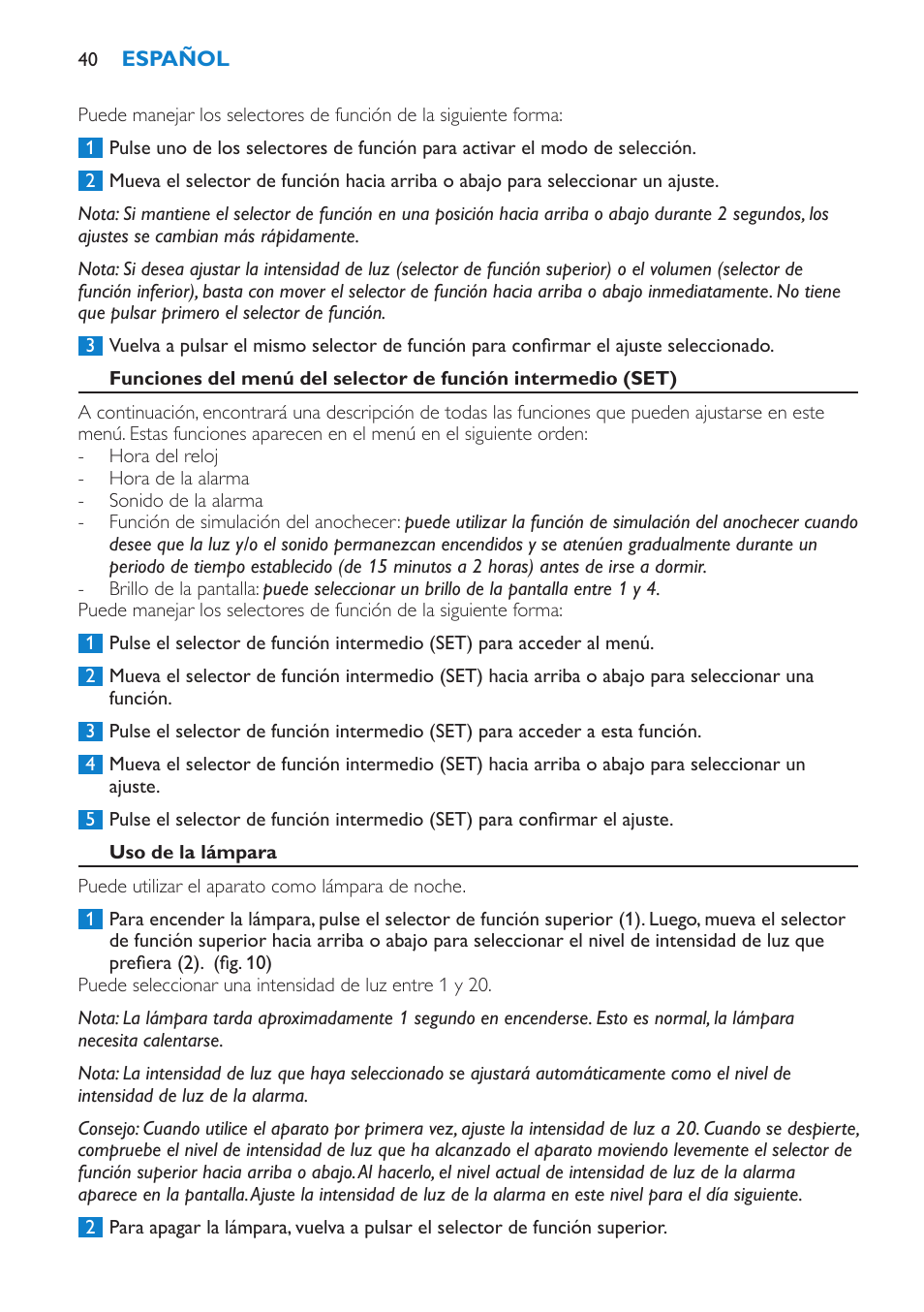 Uso de la lámpara | Philips Éveil Lumière User Manual | Page 40 / 124