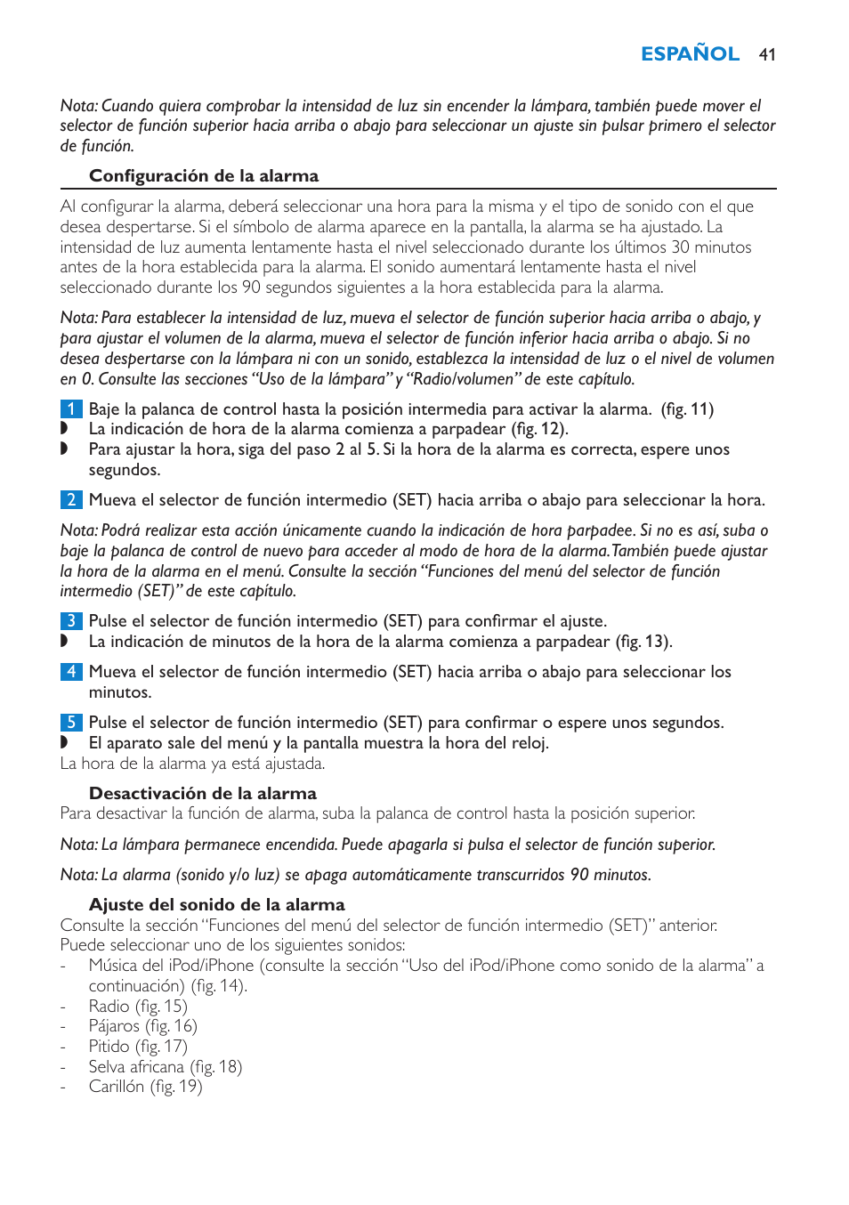 Configuración de la alarma, Desactivación de la alarma, Ajuste del sonido de la alarma | Philips Éveil Lumière User Manual | Page 41 / 124