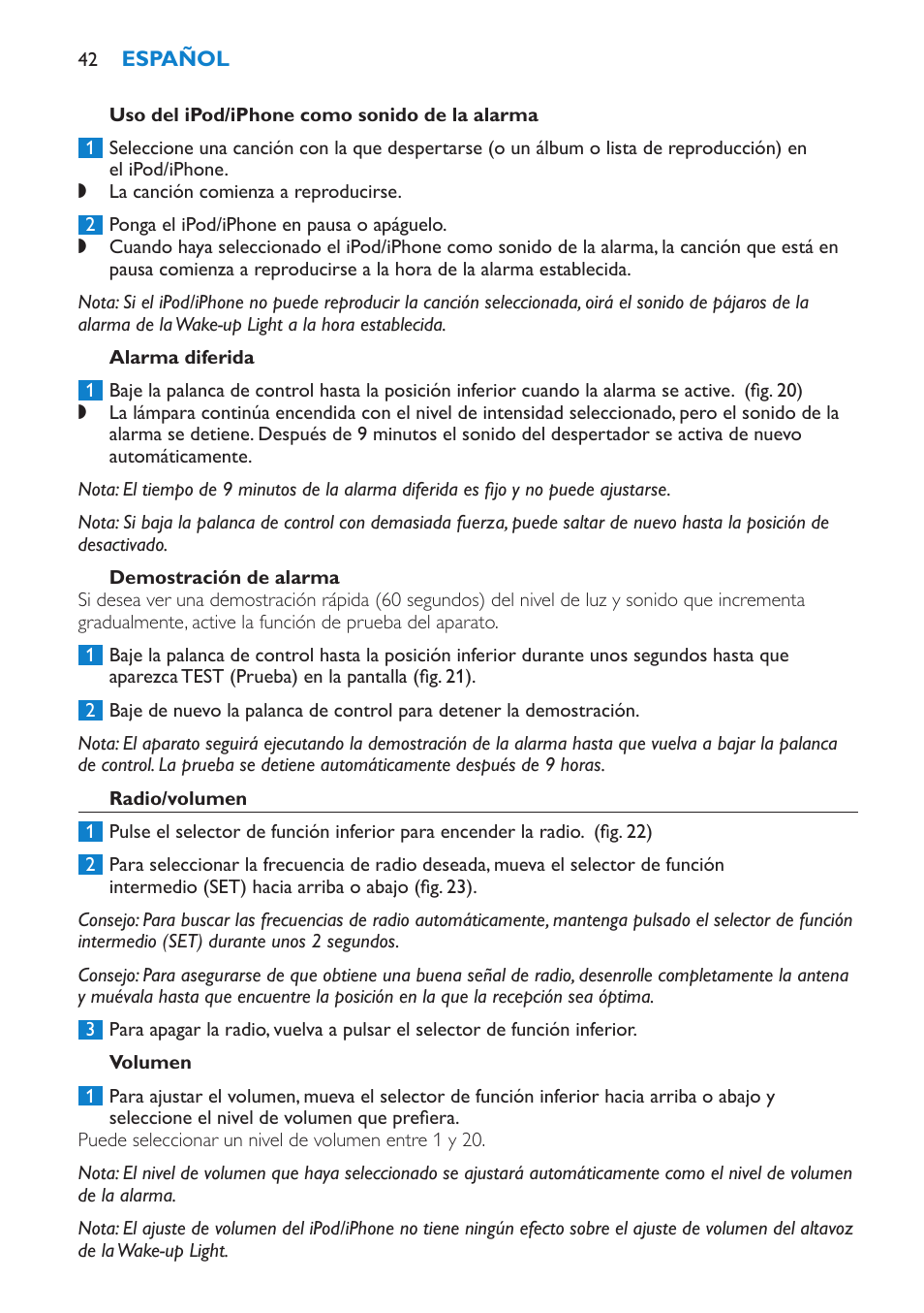 Uso del ipod/iphone como sonido de la alarma, Alarma diferida, Demostración de alarma | Radio/volumen, Volumen | Philips Éveil Lumière User Manual | Page 42 / 124