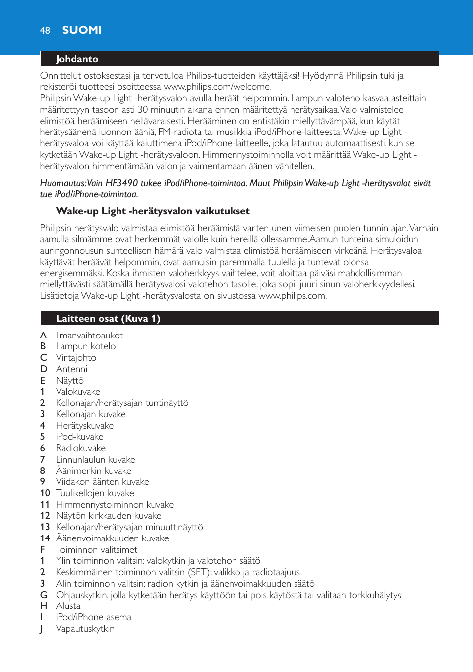 Suomi, Johdanto, Wake-up light -herätysvalon vaikutukset | Laitteen osat (kuva 1) | Philips Éveil Lumière User Manual | Page 48 / 124