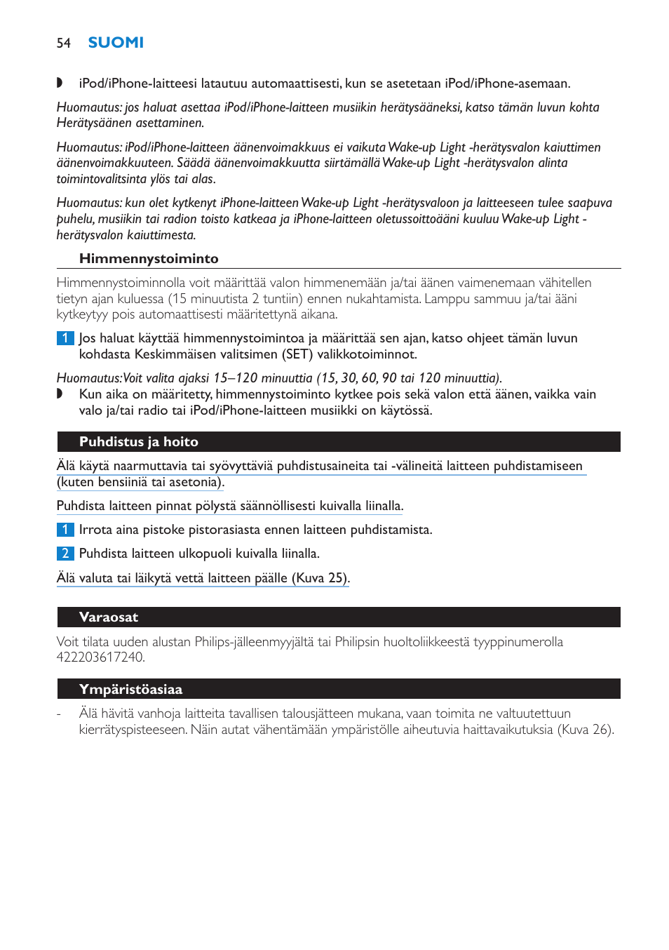 Himmennystoiminto, Puhdistus ja hoito, Varaosat | Ympäristöasiaa, Takuu ja huolto, Takuun rajoitukset | Philips Éveil Lumière User Manual | Page 54 / 124