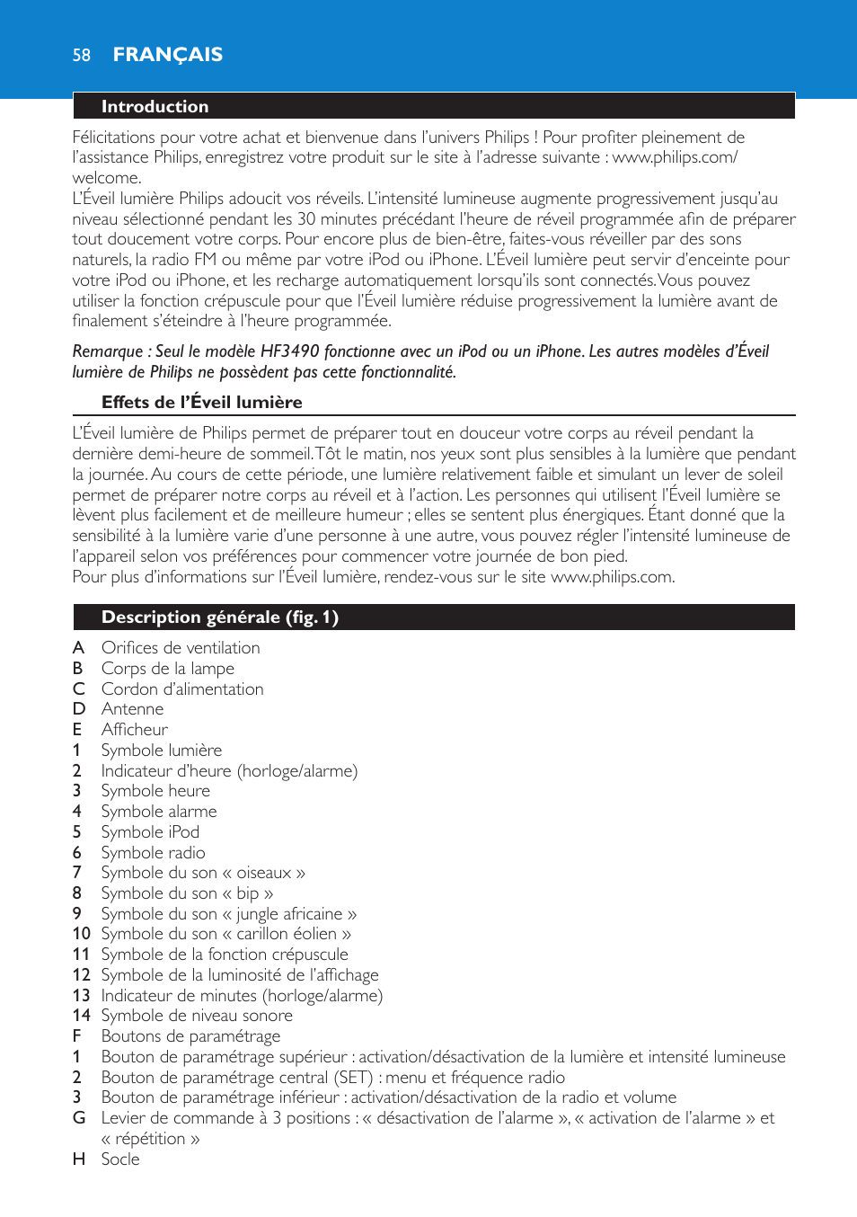 Français, Introduction, Effets de l’éveil lumière | Description générale (fig. 1) | Philips Éveil Lumière User Manual | Page 58 / 124