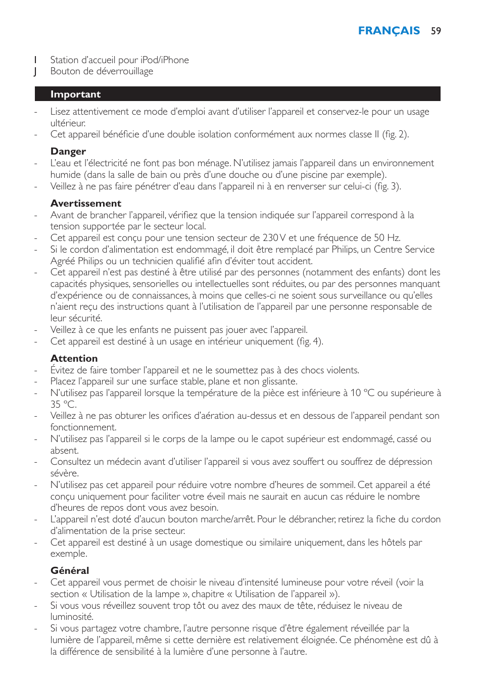 Danger, Avertissement, Attention | Général, Important | Philips Éveil Lumière User Manual | Page 59 / 124