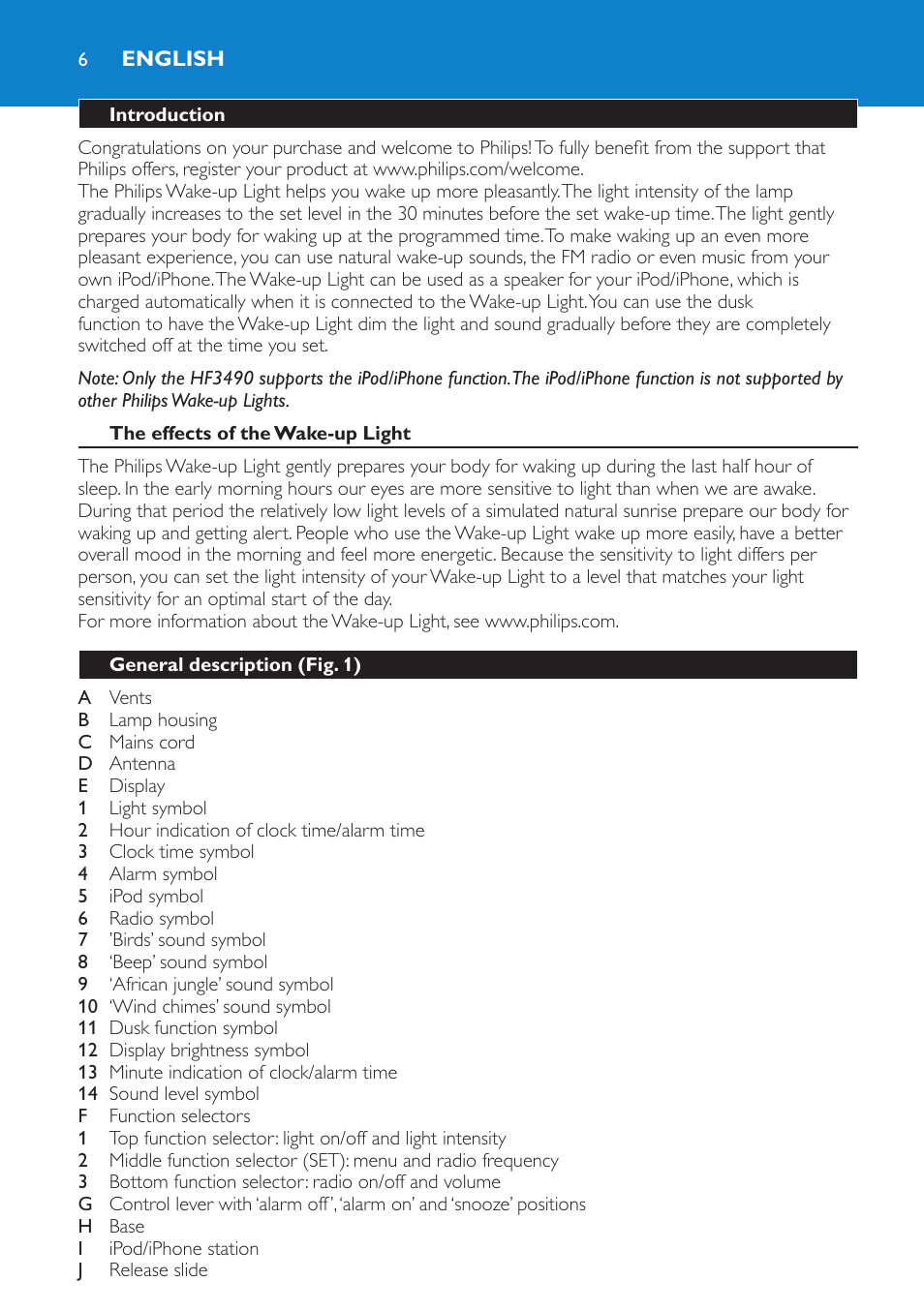 English, Introduction, The effects of the wake-up light | General description (fig. 1) | Philips Éveil Lumière User Manual | Page 6 / 124