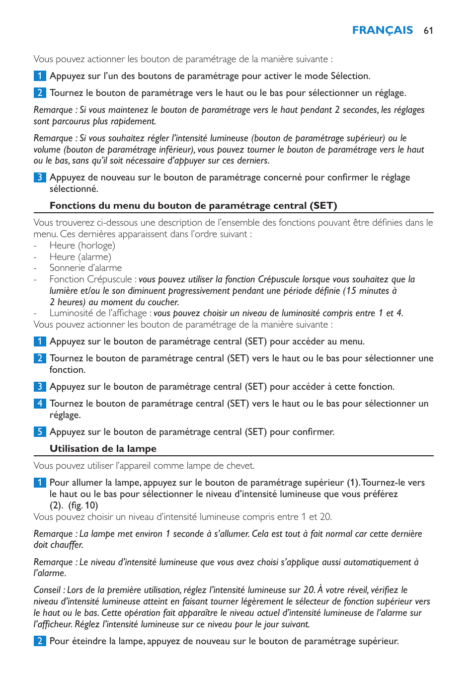 Utilisation de la lampe | Philips Éveil Lumière User Manual | Page 61 / 124