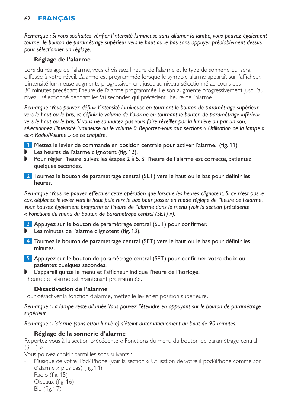 Réglage de l’alarme, Désactivation de l’alarme, Réglage de la sonnerie d’alarme | Philips Éveil Lumière User Manual | Page 62 / 124