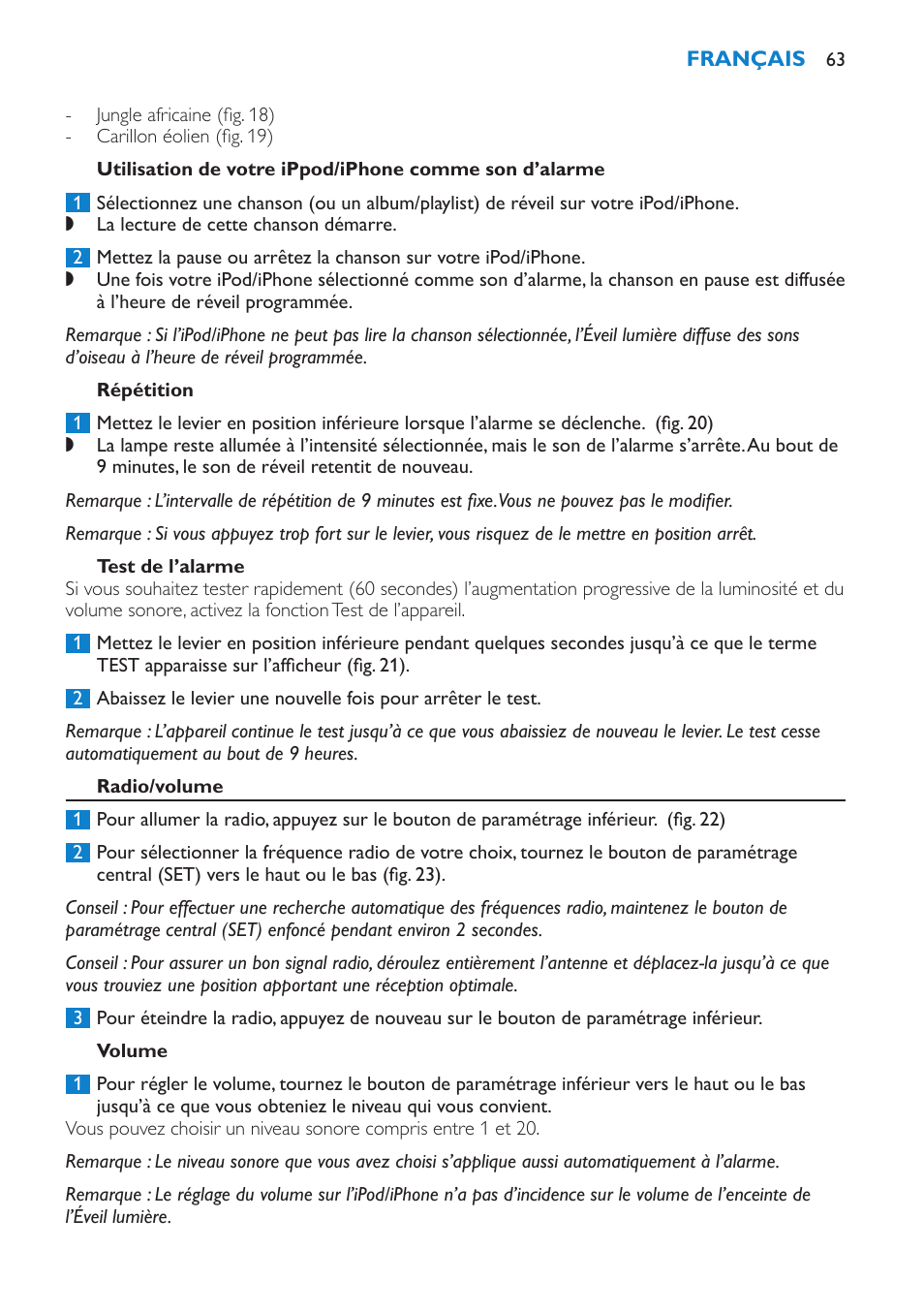 Répétition, Test de l’alarme, Radio/volume | Volume | Philips Éveil Lumière User Manual | Page 63 / 124