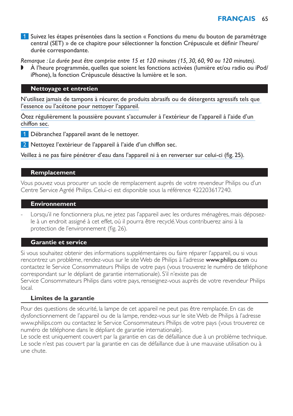 Nettoyage et entretien, Remplacement, Environnement | Garantie et service, Limites de la garantie, Dépannage | Philips Éveil Lumière User Manual | Page 65 / 124