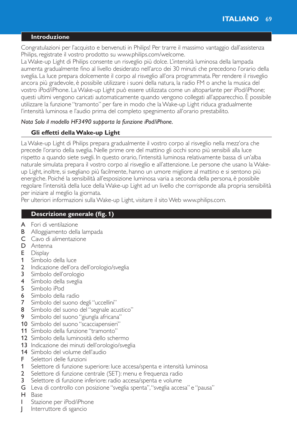 Italiano, Introduzione, Gli effetti della wake-up light | Descrizione generale (fig. 1) | Philips Éveil Lumière User Manual | Page 69 / 124