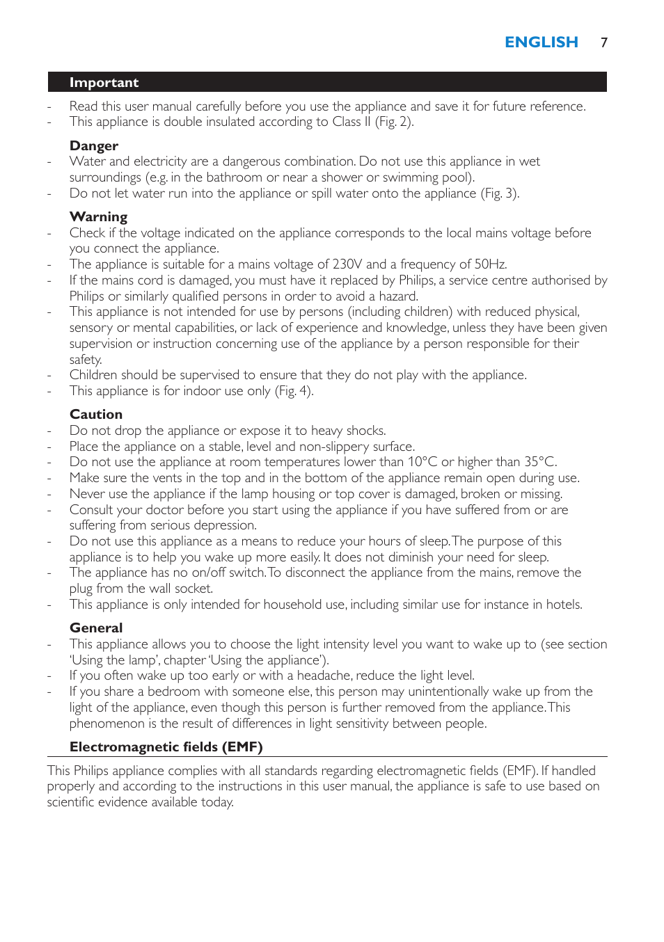 Danger, Warning, Caution | General, Important, Electromagnetic fields (emf) | Philips Éveil Lumière User Manual | Page 7 / 124