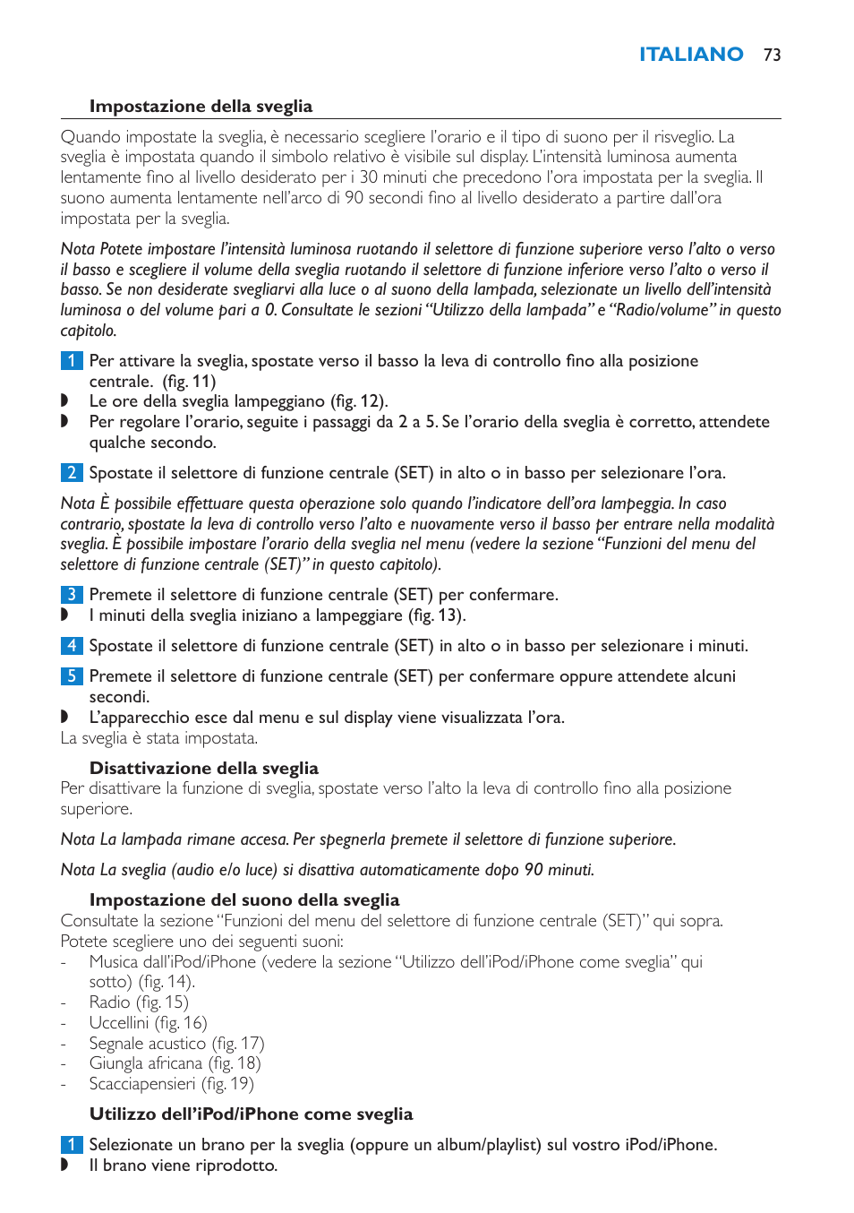 Impostazione della sveglia, Disattivazione della sveglia, Impostazione del suono della sveglia | Philips Éveil Lumière User Manual | Page 73 / 124