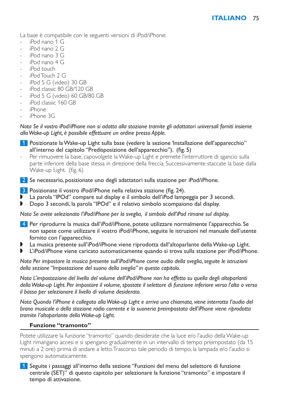 Utilizzo dell’ipod/iphone con la wake-up light, Funzione “tramonto | Philips Éveil Lumière User Manual | Page 75 / 124