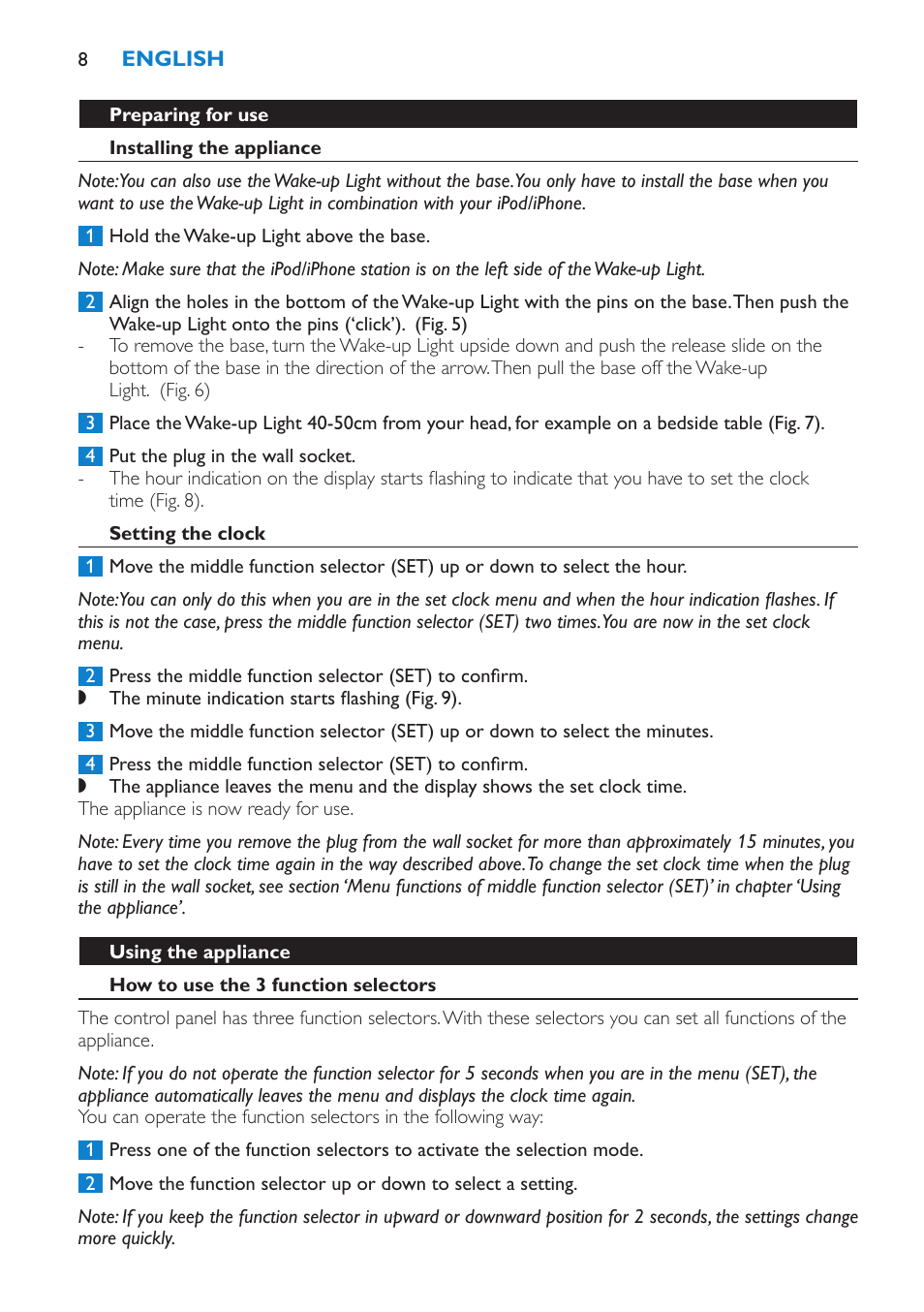 Preparing for use, Installing the appliance, Setting the clock | Using the appliance, How to use the 3 function selectors | Philips Éveil Lumière User Manual | Page 8 / 124