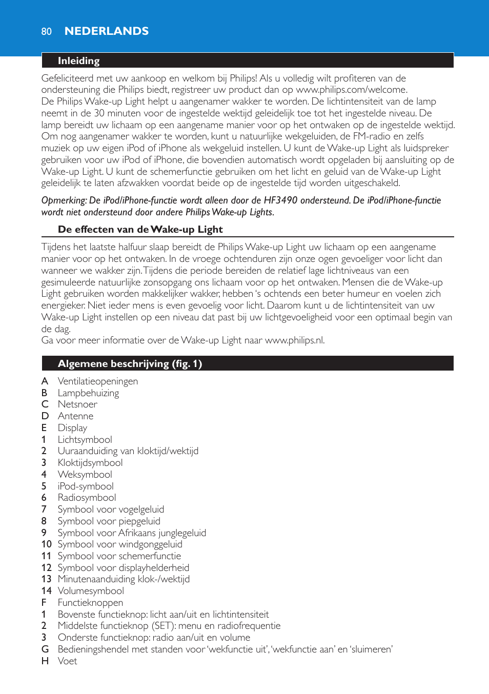 Nederlands, Inleiding, De effecten van de wake-up light | Algemene beschrijving (fig. 1) | Philips Éveil Lumière User Manual | Page 80 / 124