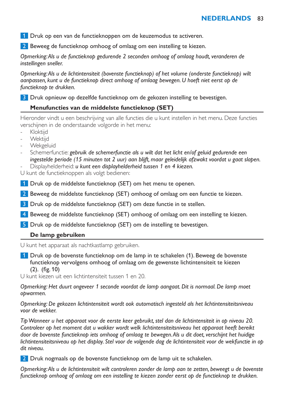 Menufuncties van de middelste functieknop (set), De lamp gebruiken | Philips Éveil Lumière User Manual | Page 83 / 124