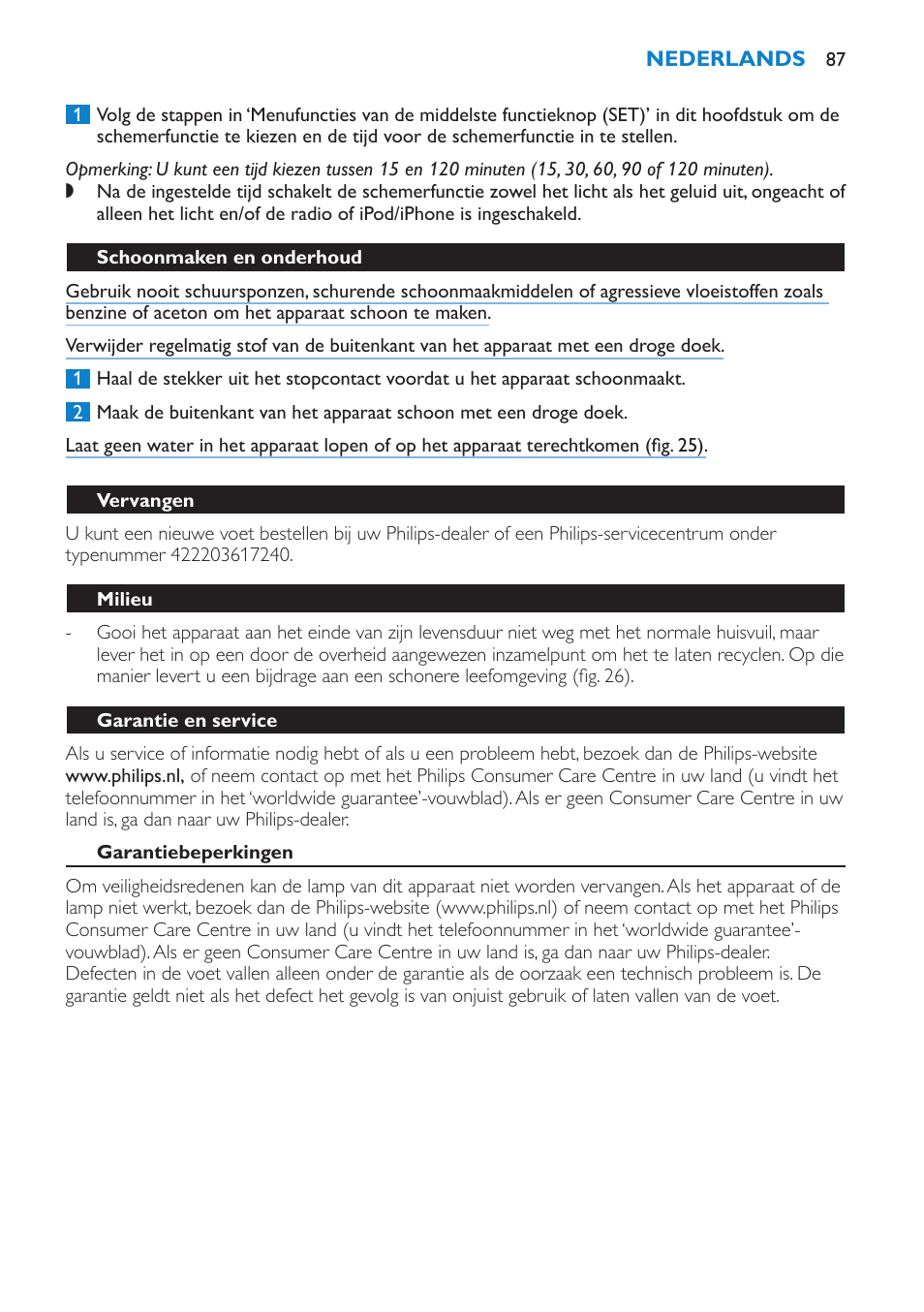 Schoonmaken en onderhoud, Vervangen, Milieu | Garantie en service, Garantiebeperkingen, Problemen oplossen | Philips Éveil Lumière User Manual | Page 87 / 124