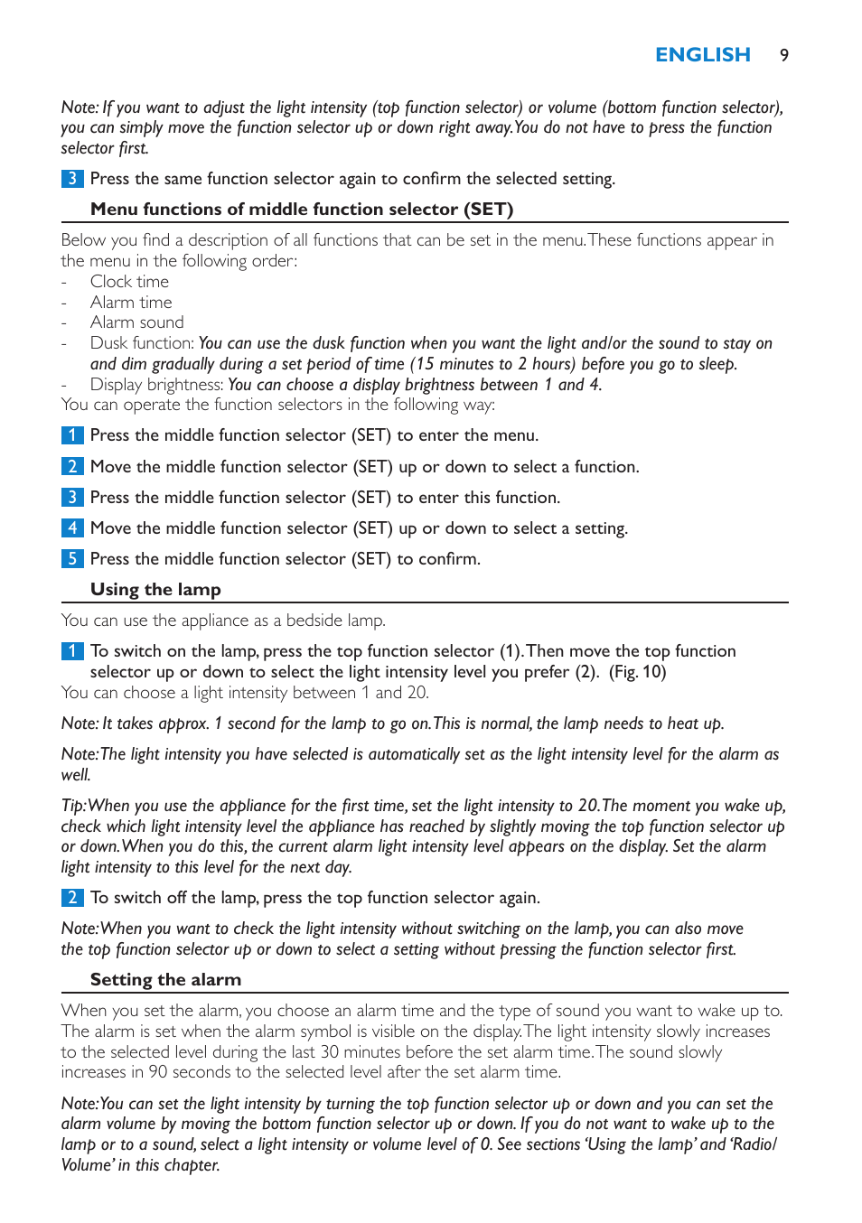 Menu functions of middle function selector (set), Using the lamp, Setting the alarm | Philips Éveil Lumière User Manual | Page 9 / 124