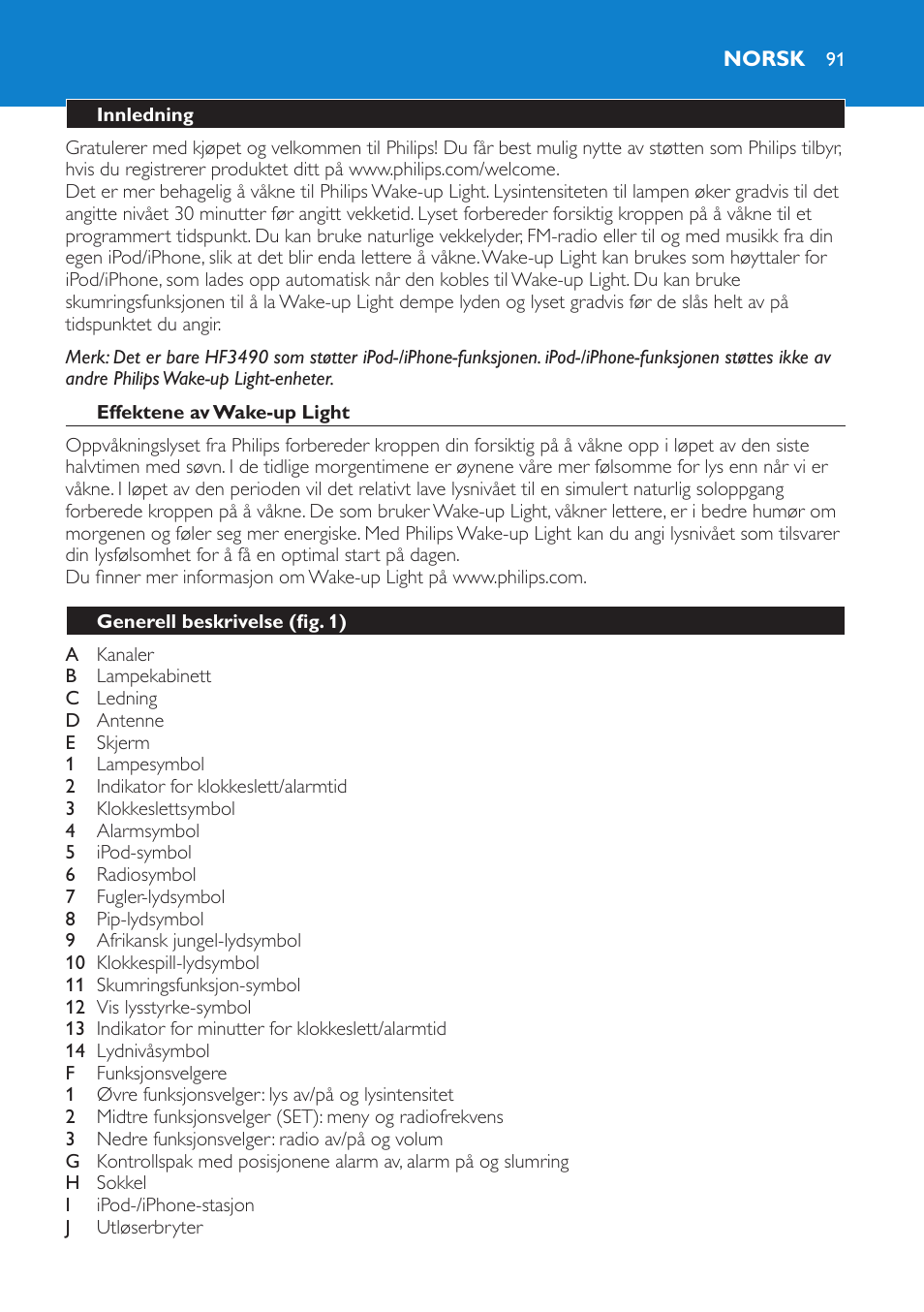 Norsk, Innledning, Effektene av wake-up light | Generell beskrivelse (fig. 1) | Philips Éveil Lumière User Manual | Page 91 / 124