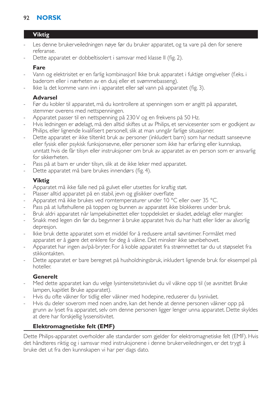 Fare, Advarsel, Viktig | Generelt, Elektromagnetiske felt (emf) | Philips Éveil Lumière User Manual | Page 92 / 124