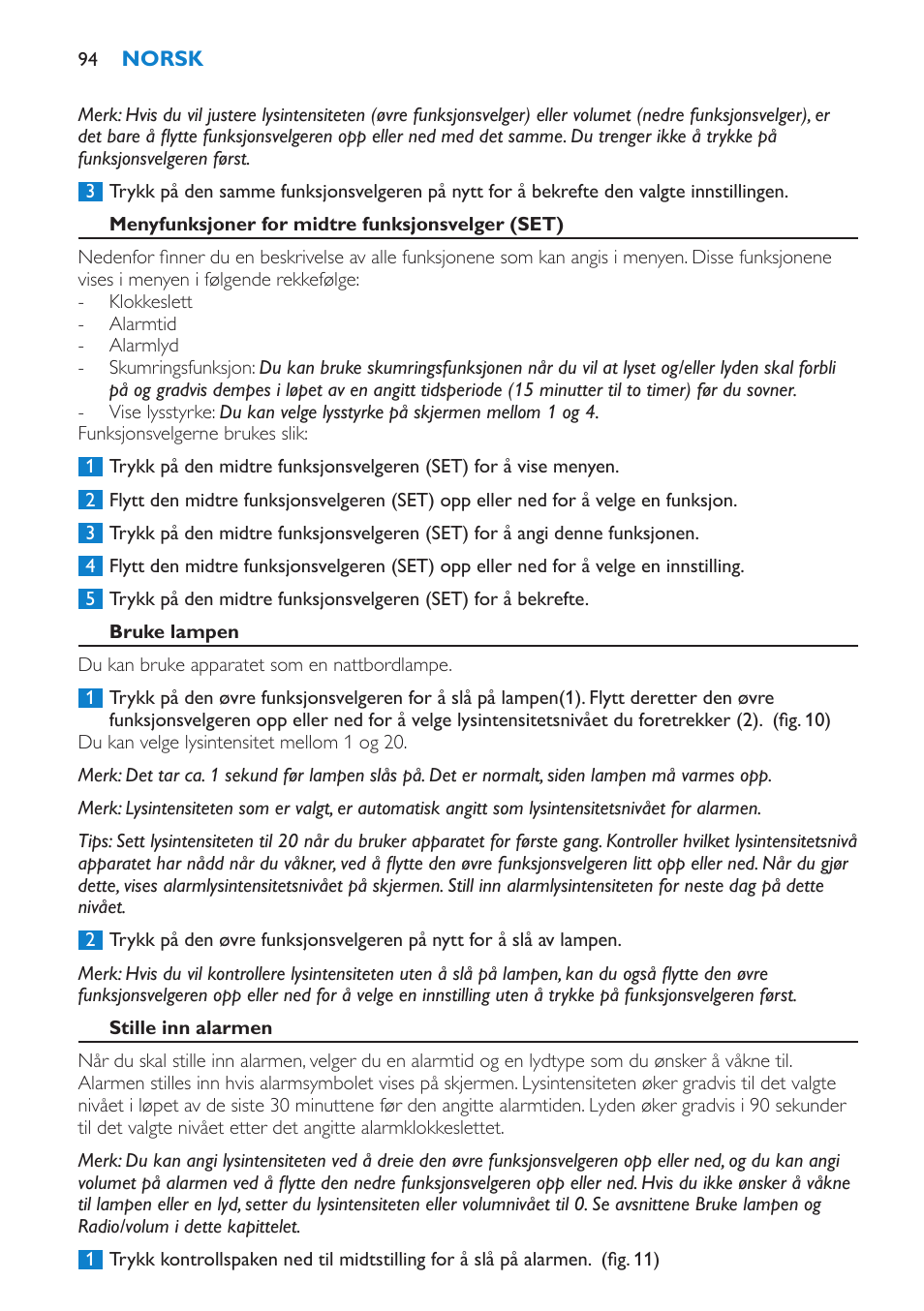 Menyfunksjoner for midtre funksjonsvelger (set), Bruke lampen, Stille inn alarmen | Philips Éveil Lumière User Manual | Page 94 / 124