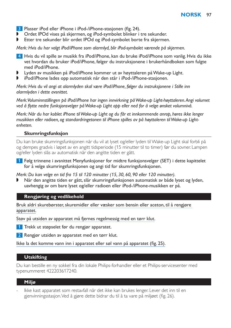 Skumringsfunksjon, Rengjøring og vedlikehold, Utskifting | Miljø | Philips Éveil Lumière User Manual | Page 97 / 124