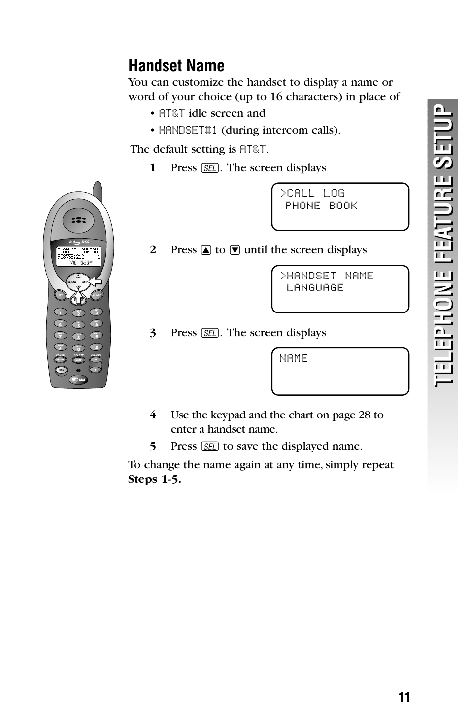 Telephone fea ture setup telephone fea ture setup, Handset name | AT&T 2325/2365 User Manual | Page 14 / 66