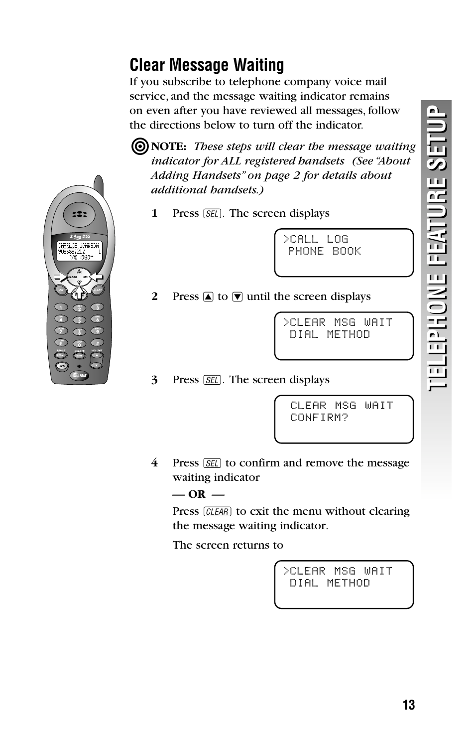 Telephone fea ture setup telephone fea ture setup, Clear message waiting | AT&T 2325/2365 User Manual | Page 16 / 66