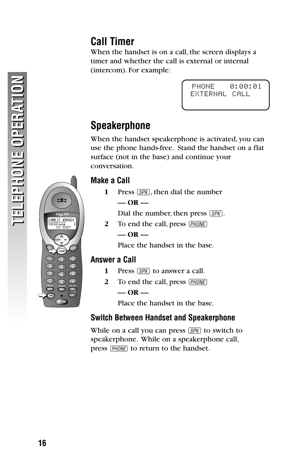 Telephone opera tion telephone opera tion, Call timer, Speakerphone | AT&T 2325/2365 User Manual | Page 19 / 66