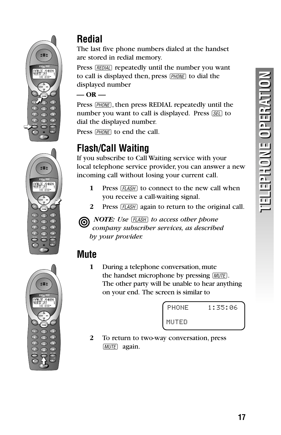 Telephone opera tion telephone opera tion, Redial, Flash/call waiting | Mute | AT&T 2325/2365 User Manual | Page 20 / 66