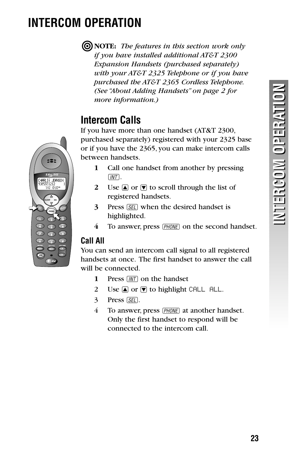 Intercom opera tion intercom opera tion, Intercom operation, Intercom calls | AT&T 2325/2365 User Manual | Page 26 / 66