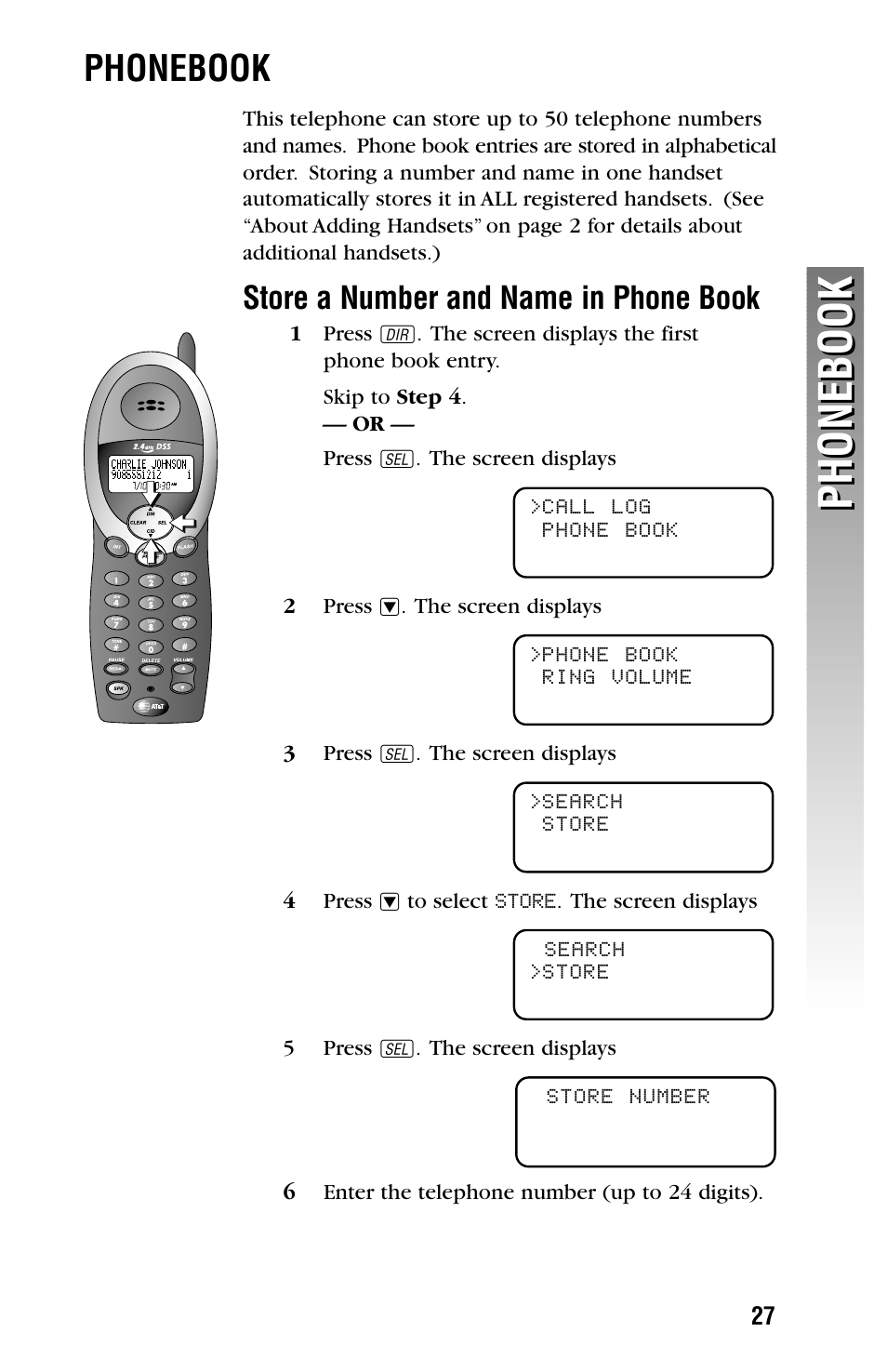 Phonebook, Store a number and name in phone book | AT&T 2325/2365 User Manual | Page 30 / 66