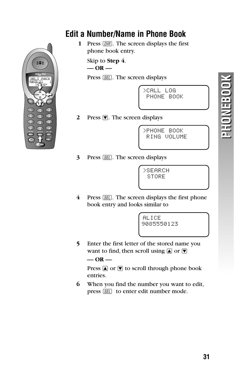 Phonebook, Edit a number/name in phone book | AT&T 2325/2365 User Manual | Page 34 / 66