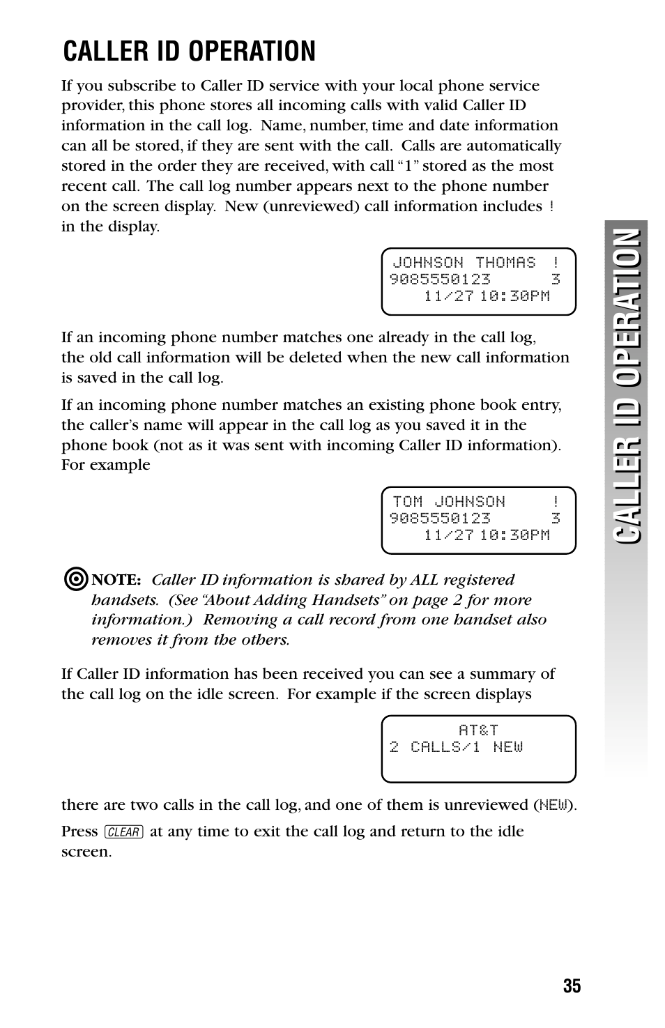 Caller id opera tion caller id opera tion, Caller id operation | AT&T 2325/2365 User Manual | Page 38 / 66