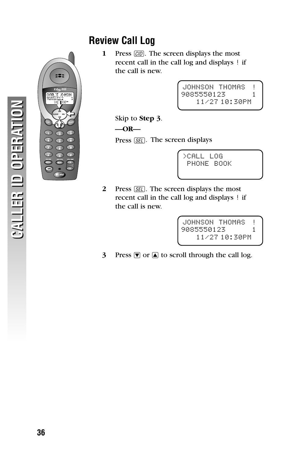 Caller id opera tion caller id opera tion, Review call log | AT&T 2325/2365 User Manual | Page 39 / 66