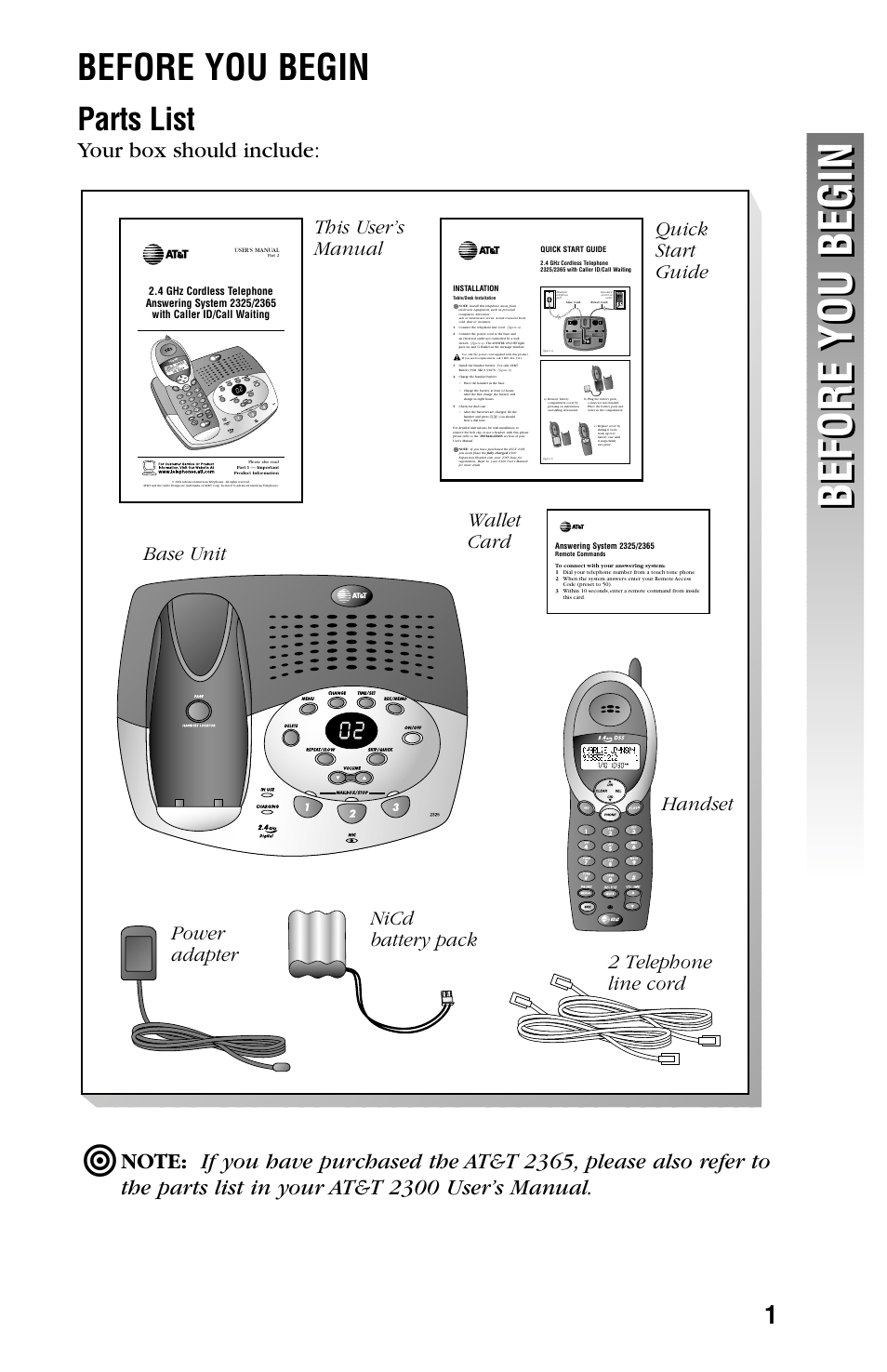 Before you begin, Parts list, Your box should include | Handset, 2 telephone line cord power adapter, Wallet card | AT&T 2325/2365 User Manual | Page 4 / 66