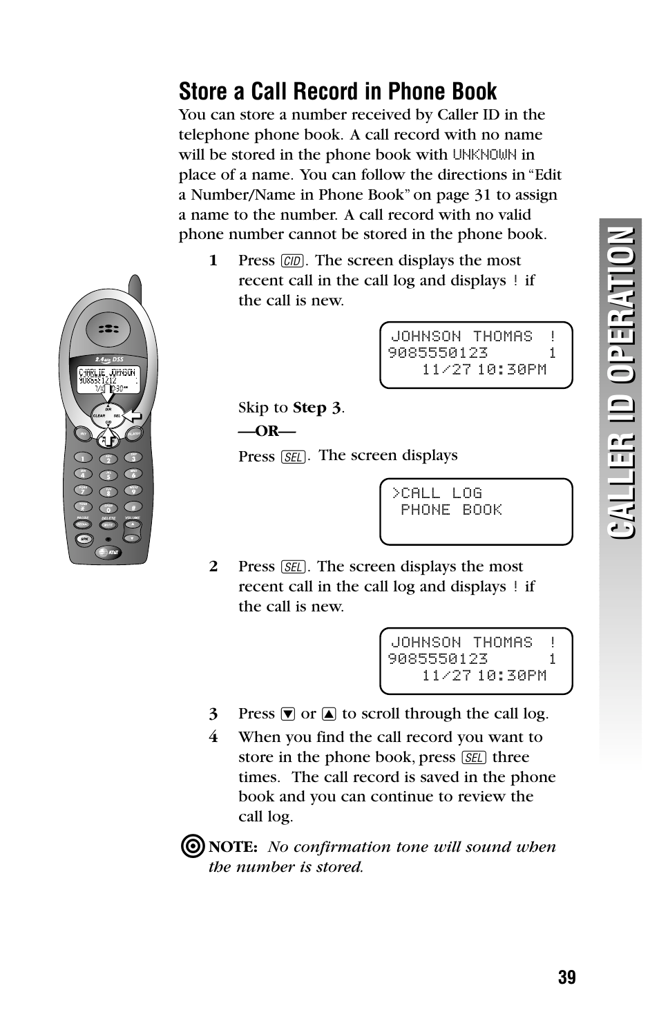 Caller id opera tion caller id opera tion, Store a call record in phone book | AT&T 2325/2365 User Manual | Page 42 / 66