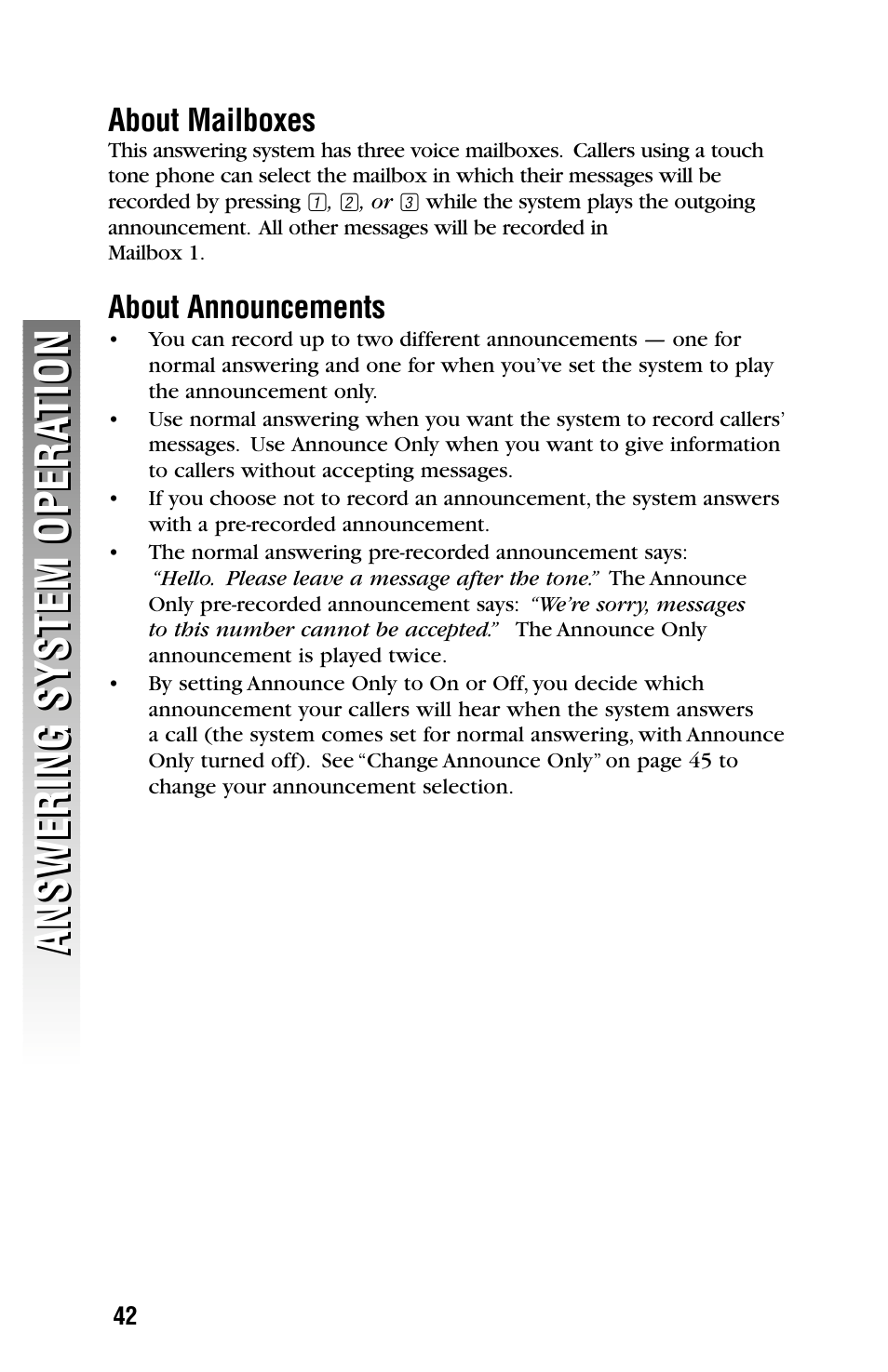 About mailboxes, About announcements | AT&T 2325/2365 User Manual | Page 45 / 66