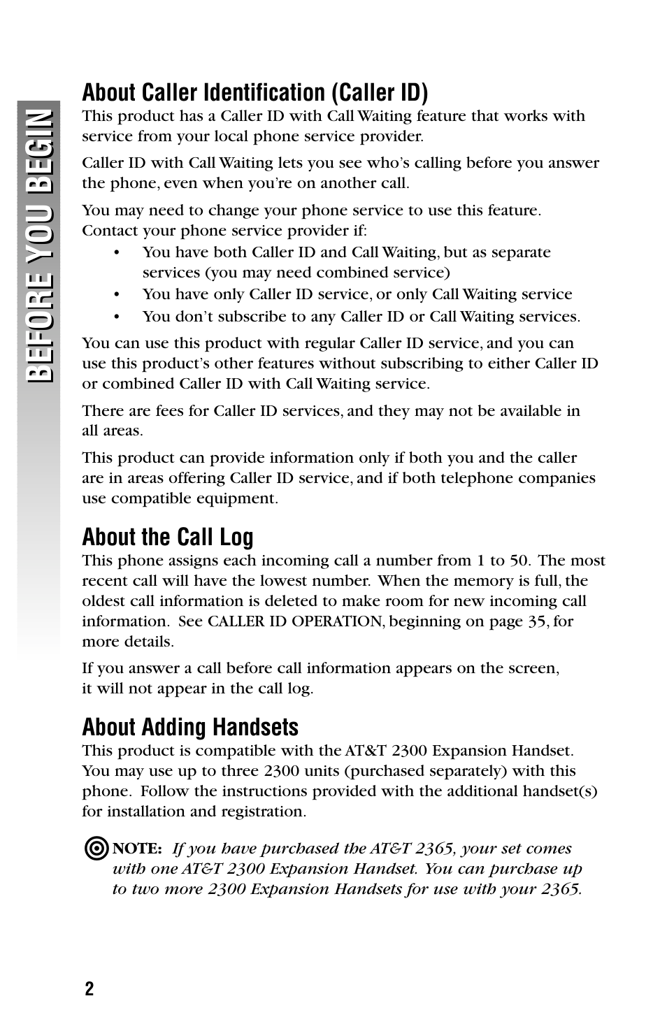 Before you begin, About caller identification (caller id), About the call log | About adding handsets | AT&T 2325/2365 User Manual | Page 5 / 66