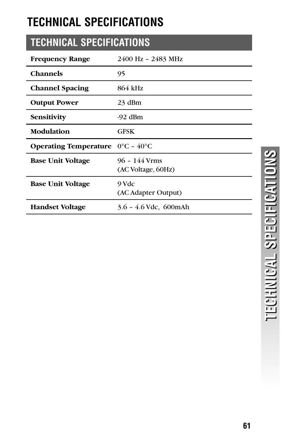 Technical specifications | AT&T 2325/2365 User Manual | Page 64 / 66