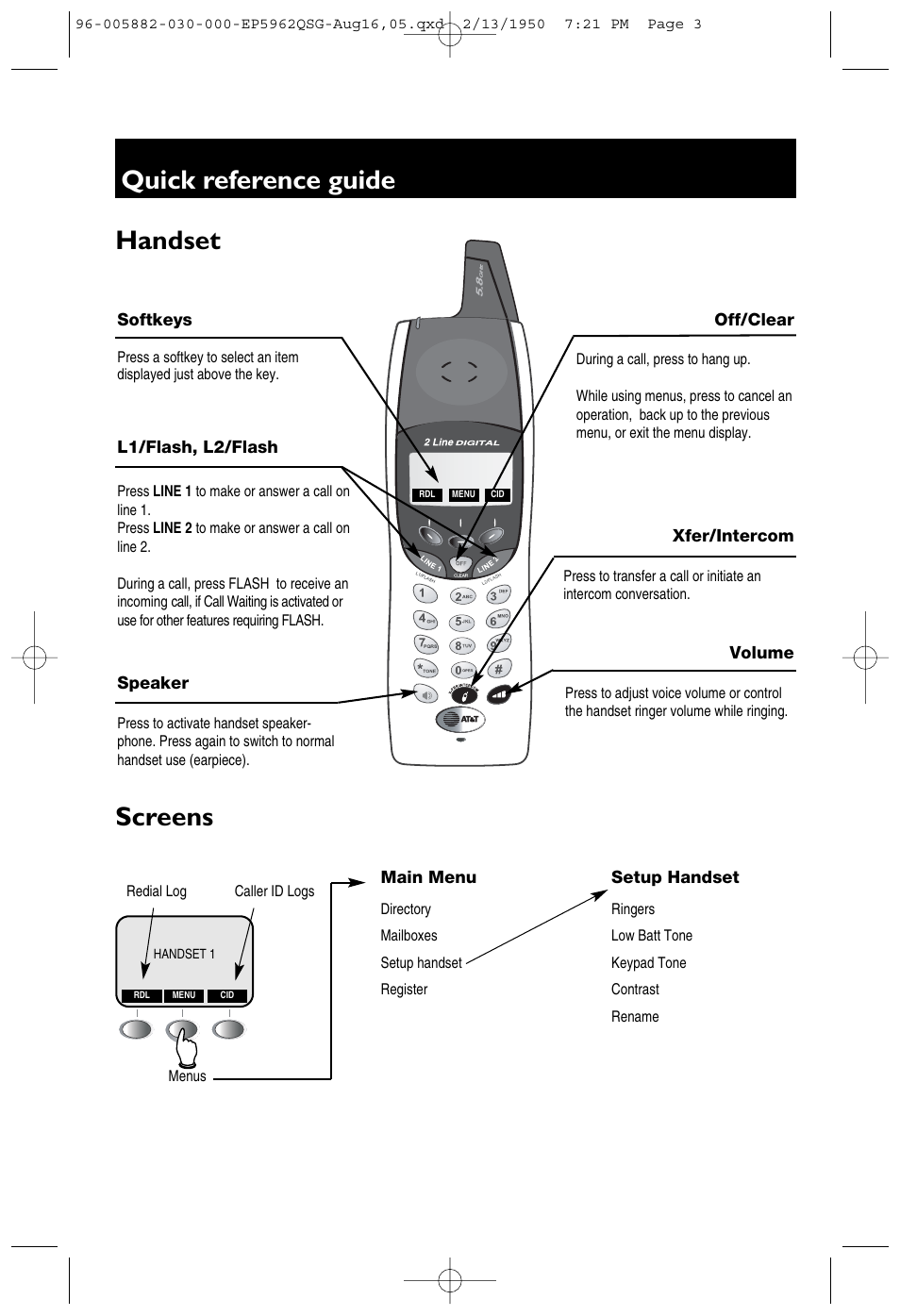 Screens, Handset, Quick reference guide | AT&T EP5962 User Manual | Page 3 / 4