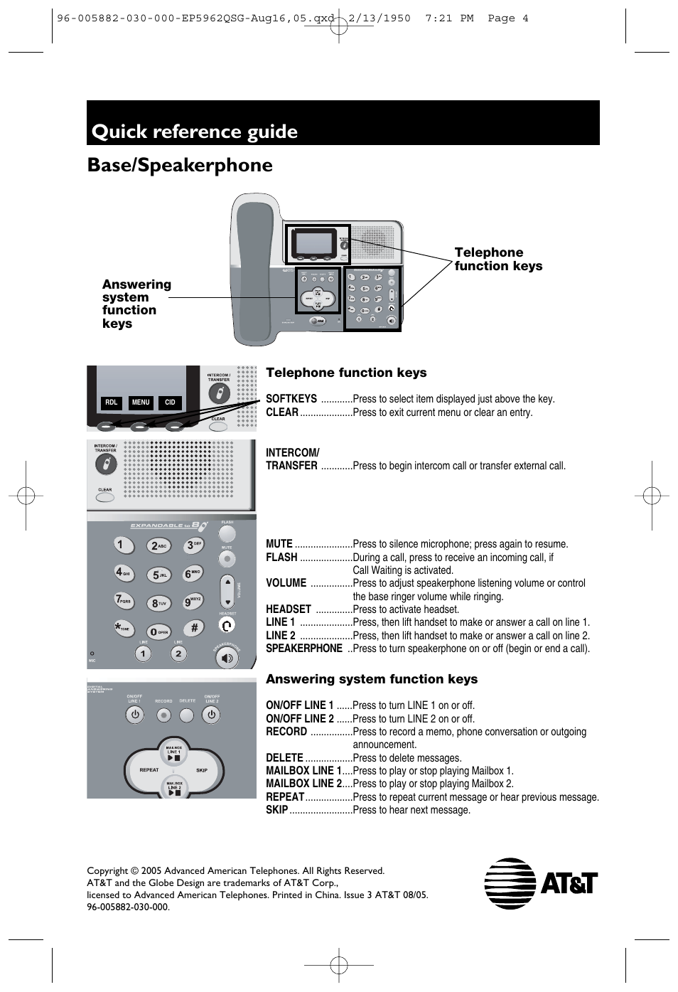 Base/speakerphone, Quick reference guide | AT&T EP5962 User Manual | Page 4 / 4