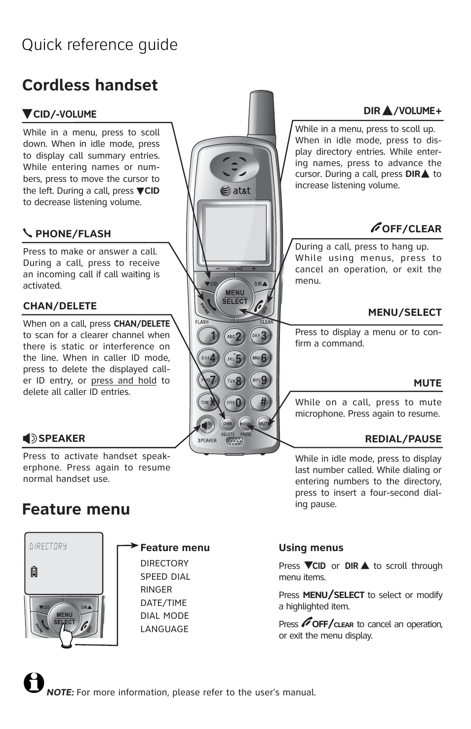 Quick reference guide cordless handset, Feature menu | AT&T E5811 User Manual | Page 4 / 6
