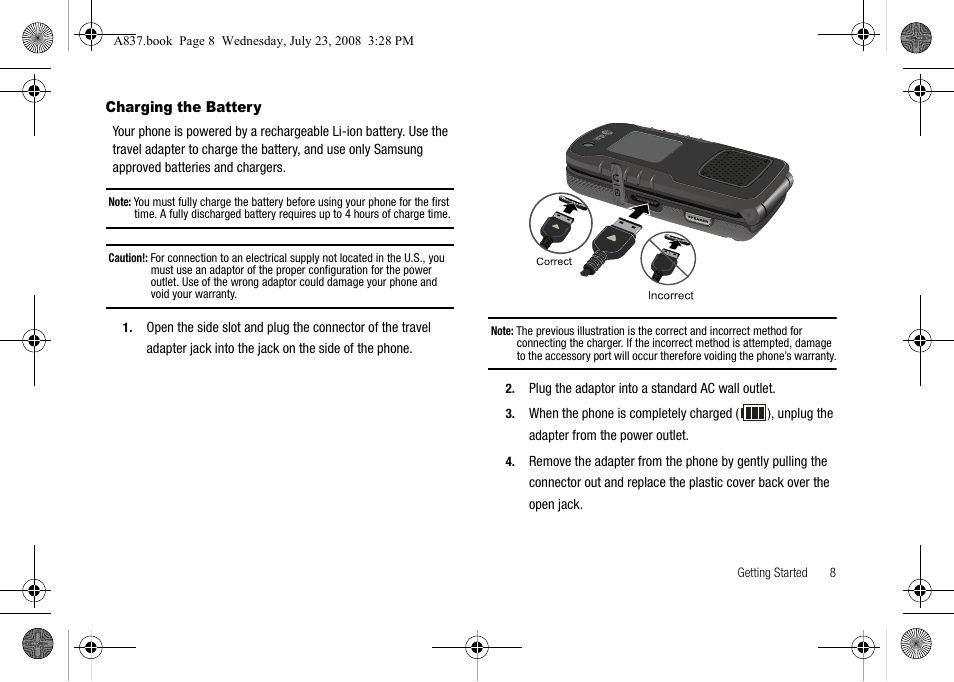 Charging the battery | Samsung SGH-A837 User Manual | Page 11 / 187