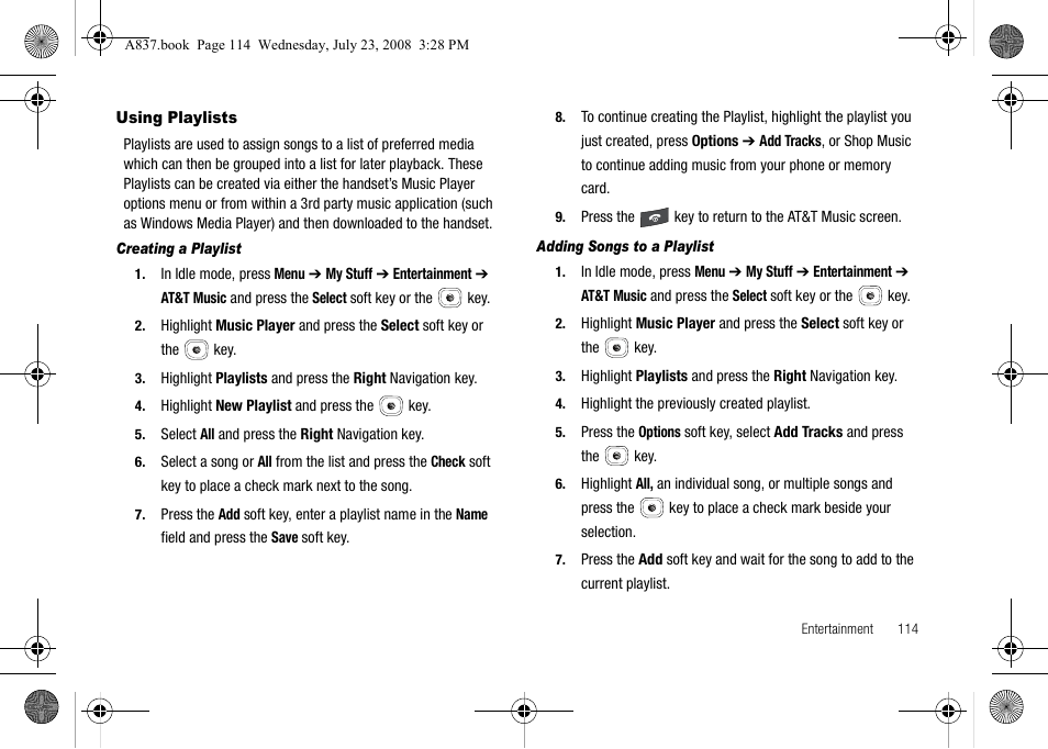 Using playlists | Samsung SGH-A837 User Manual | Page 117 / 187