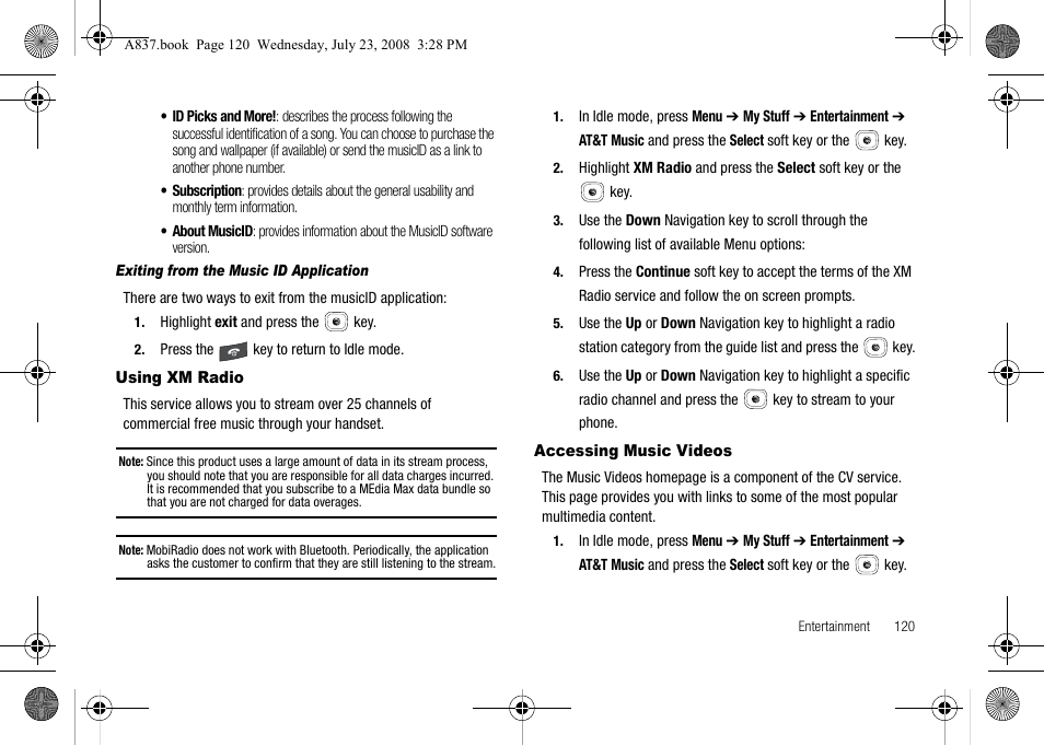 Using xm radio, Accessing music videos, Using xm radio accessing music videos | Samsung SGH-A837 User Manual | Page 123 / 187